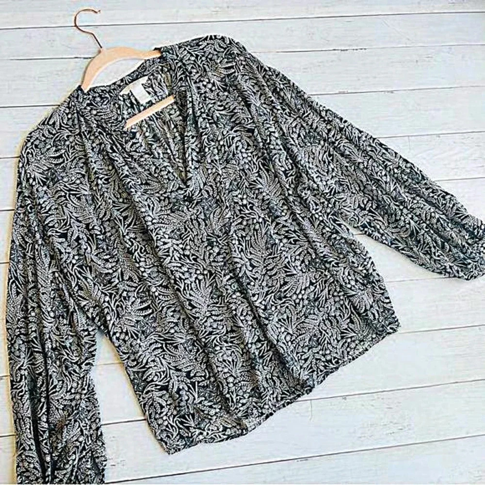 H&M Black Floral‎ Printed Peasant Top Size 10 - Picture 3 of 6